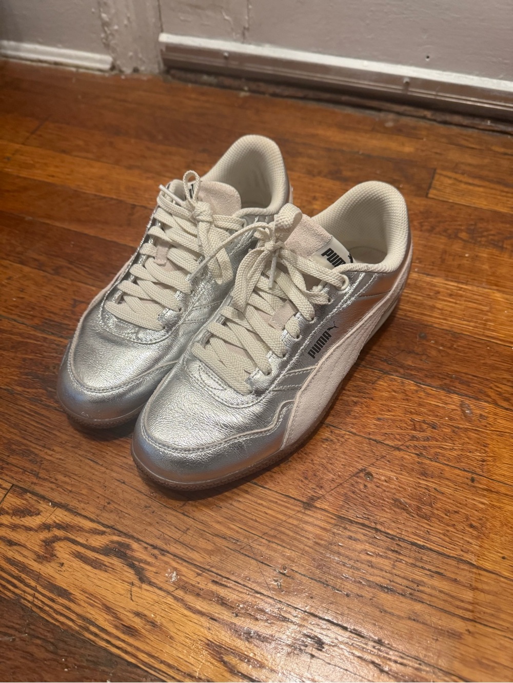 Puma Silver and Cream Low-Top Sneakers